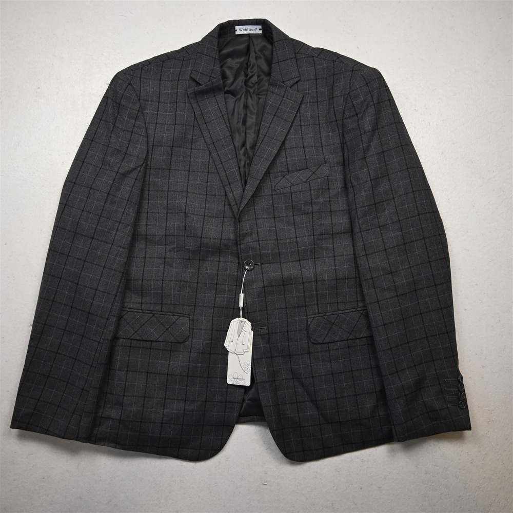 NEW Wehilion 44R Gray Check Windowpane Mens Blazer Suit Jacket Sport Coat